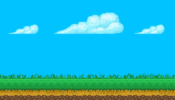 Pixel art seamless background with sky and ground. Pixel art seamless background. Location with sky, clouds, ground and grass. Landscape for game or application. pixel sky background stock illustrations