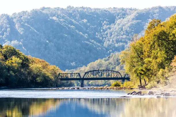 New River Gorge wide canyon water river lake during autumn golden orange foliage in fall by Grandview with peaceful calm tranquil day, closeup of bridge