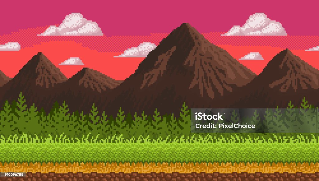 Fondo transparente de pixel art con montañas. - arte vectorial de Pixelado libre de derechos