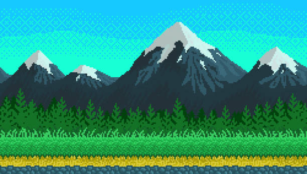 pixel art bez szwu tła z górami. - bit stock illustrations