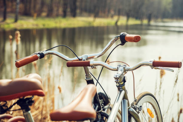 Two bikes standing on the shore of forest lake.