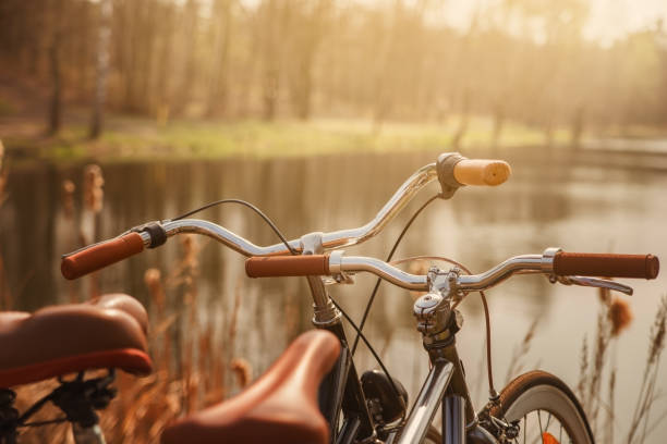 istock Two bikes standing on the shore of forest lake. 910097356