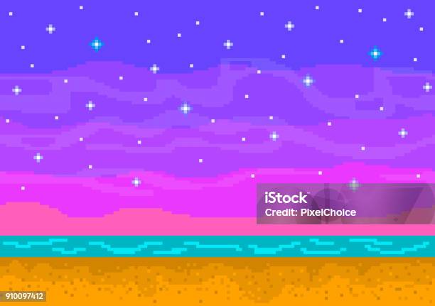 Pixel Art Sunset On The Beach Stock Illustration - Download Image Now - Pixelated, Backgrounds, Landscape - Scenery