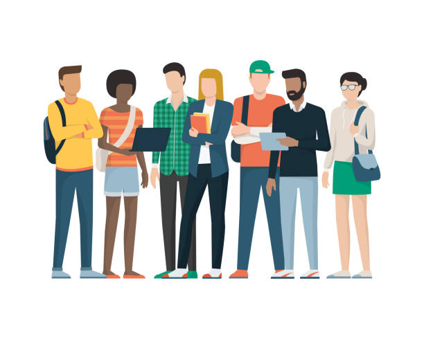 Group of students Multiethnic group of young students standing together, education and youth concept continuing education stock illustrations