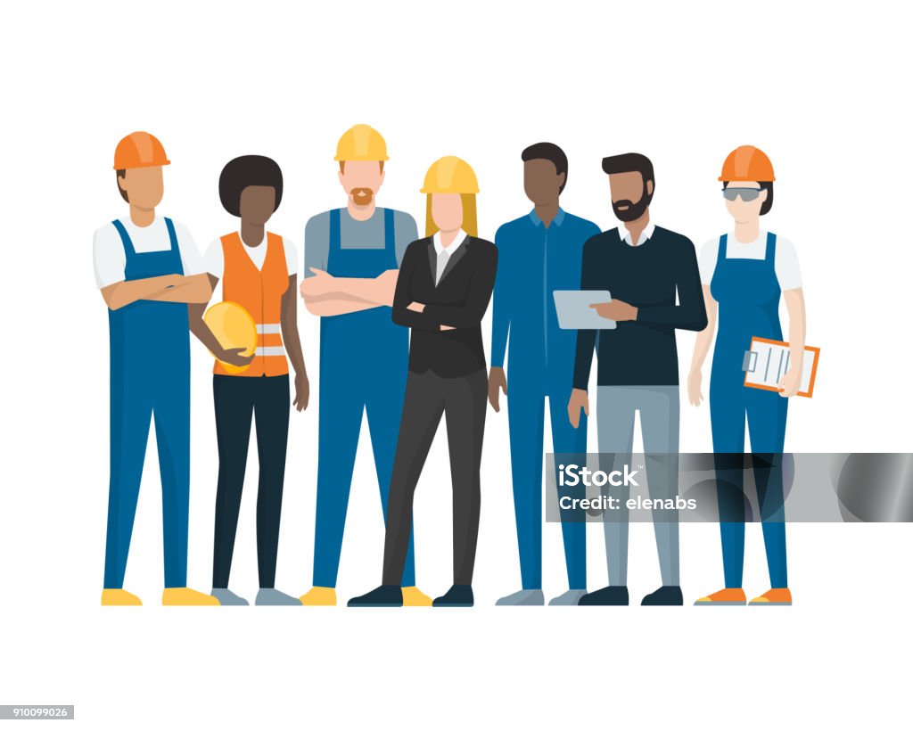 Industrial workers Industrial workers standing together: manual workers, technicians, engineers and manager Occupation stock vector