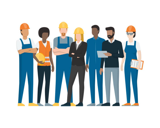 Industrial workers Industrial workers standing together: manual workers, technicians, engineers and manager manufacturing occupation stock illustrations