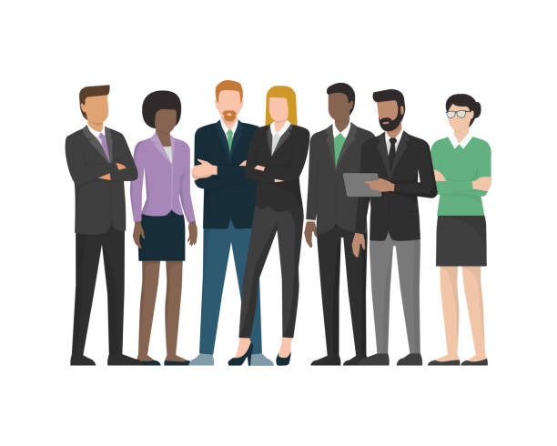 Multiethnic business team Multiethnic business team: office workers and executives standing together business people stock illustrations