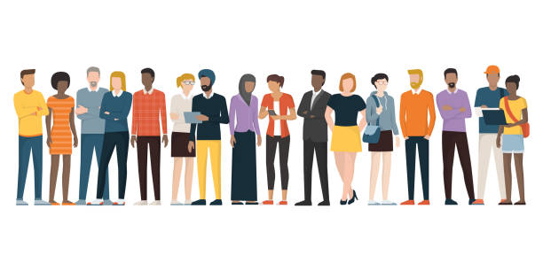 Multiethnic group of people Multiethnic group of people standing together on white background, diversity and multiculturalism concept standing stock illustrations