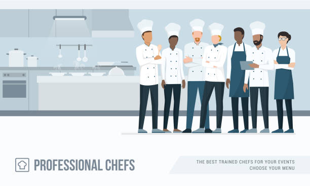 illustrazioni stock, clip art, cartoni animati e icone di tendenza di chef professionisti in cucina - chef