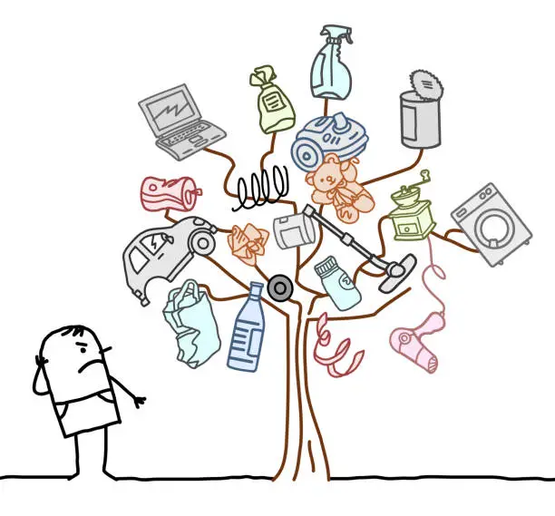 Vector illustration of Cartoon Man Watching a Garbage Tree