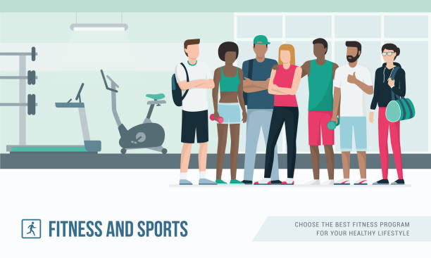 ilustraciones, imágenes clip art, dibujos animados e iconos de stock de deportistas posando juntos - health club gym young men dumbbell