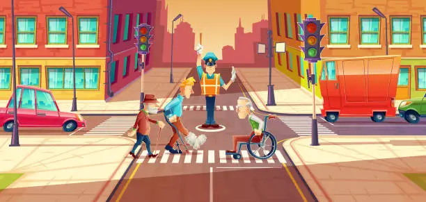 Vector illustration of Vector illustration of crossing guard adjusting transport moving, city crossroads with pedestrians, disabled people.