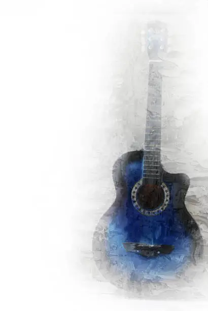 Photo of Abstract beautiful playing Guitar in the foreground on oil watercolor painting background and Digital illustration brush to art.