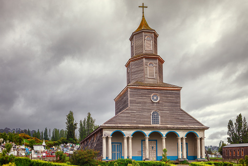 Historic church of Nercon, catholic temple located in the chilota commune of Castro in the region of the lakes, Chiloe, southern Chile, recognized as a World Heritage Site by Unesco