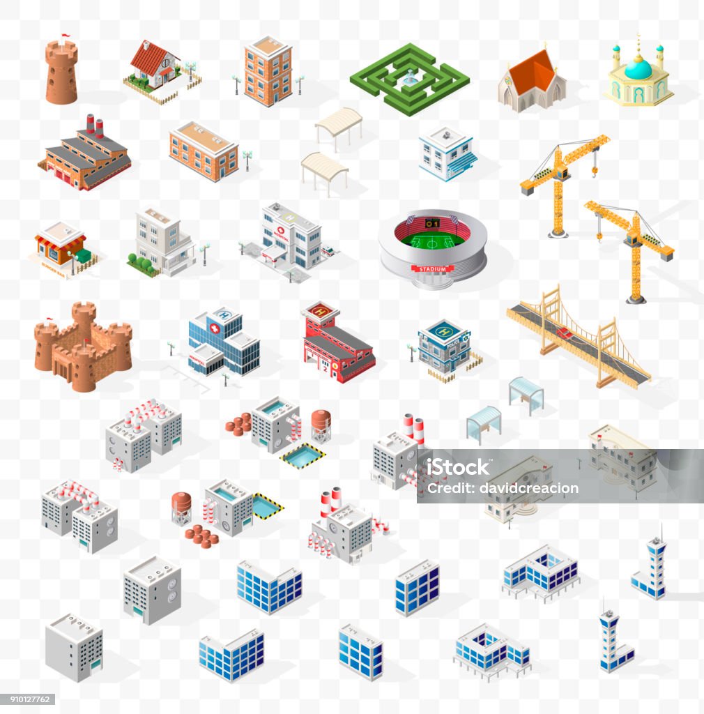 Sammlung von realistischen isometrische High Quality City Element für Karte auf transparentem Hintergrund. Gebäude - Lizenzfrei Isometrische Darstellung Vektorgrafik