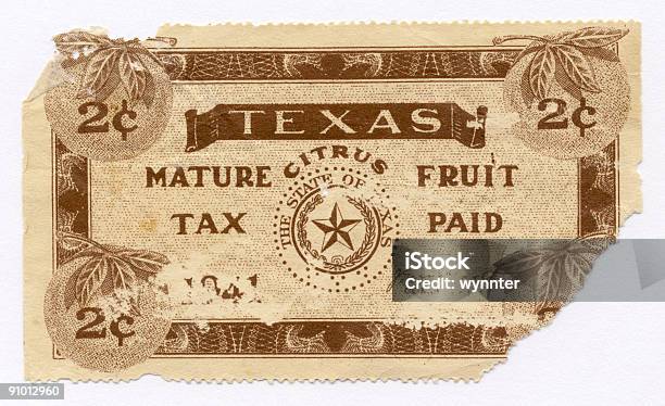 Texas Fruit Tax Stamp 1941 Stock Photo - Download Image Now - 1940-1949, Retro Style, 1941