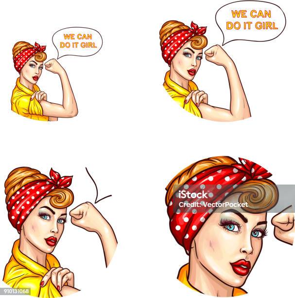 Vector Pop Art Avatar Icon For Chat With Confident Lady Housewife With Rolled Up Sleeves Talks We Can Do It Girl Stock Illustration - Download Image Now