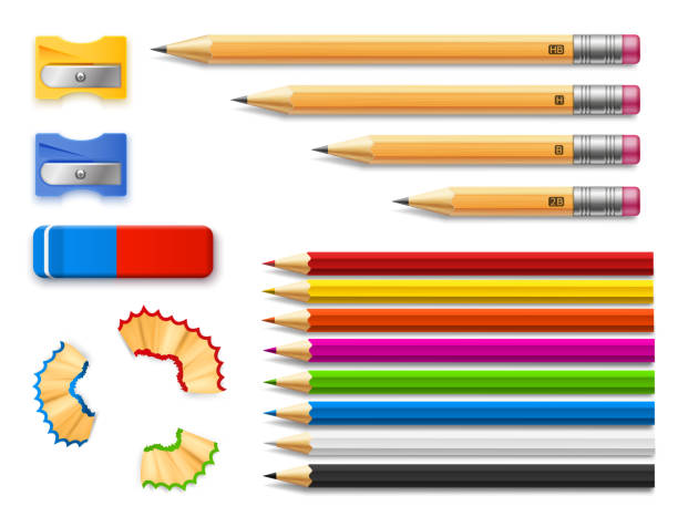 Colored and various length pencils with sharpeners and eraser Colored and various length pencils with sharpeners and eraser realistic vector illustration isolated on white background eraser stock illustrations