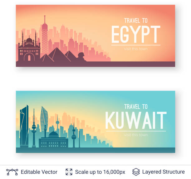 Famous city views. Flat well known silhouettes. Vector illustration easy to edit. egypt skyline stock illustrations
