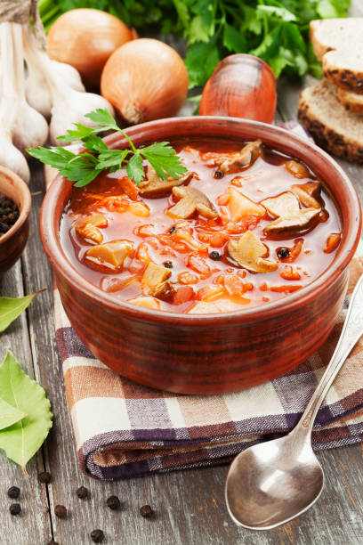 istock Vegetarian beetroots soup with  mushrooms 910140160
