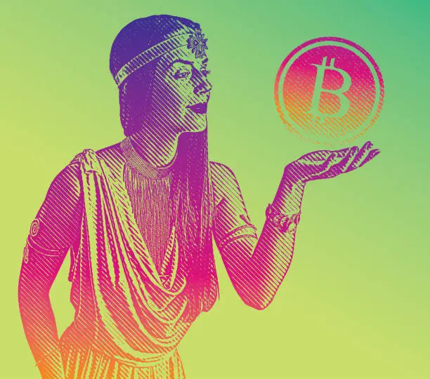 Vector illustration of Woman holding Bitcoin floating in mid-air