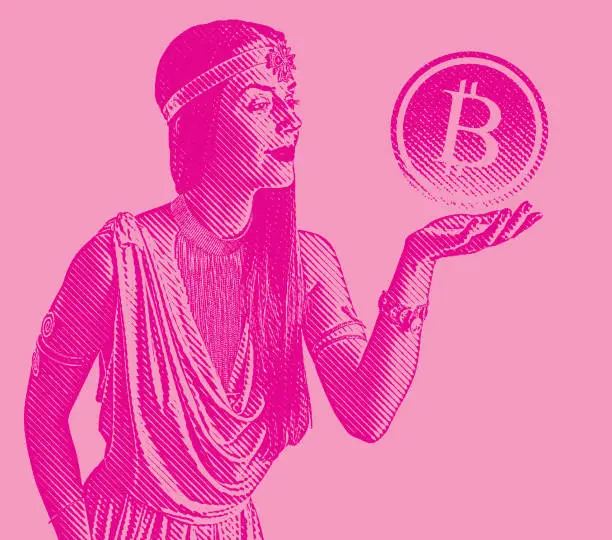 Vector illustration of Woman holding Bitcoin floating in mid-air