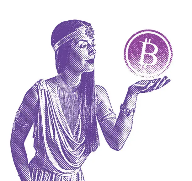 Vector illustration of Ultra violet woman holding Bitcoin floating in mid-air