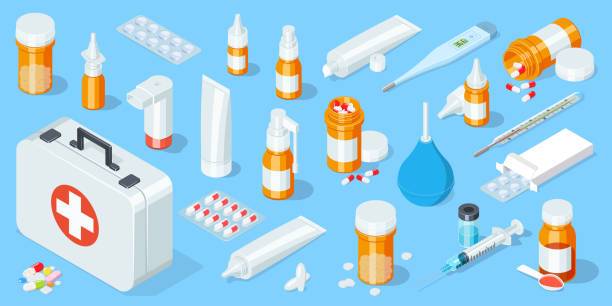 große reihe von medizintechnik und pharmazie. erste-hilfe-kit. isometrische vektor-illustration - medicine syringe pill capsule stock-grafiken, -clipart, -cartoons und -symbole