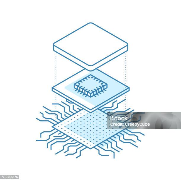 Microprocessor Line Drawings Line Art Microchip Central Processor Unit Concept Isometric Vector ...
