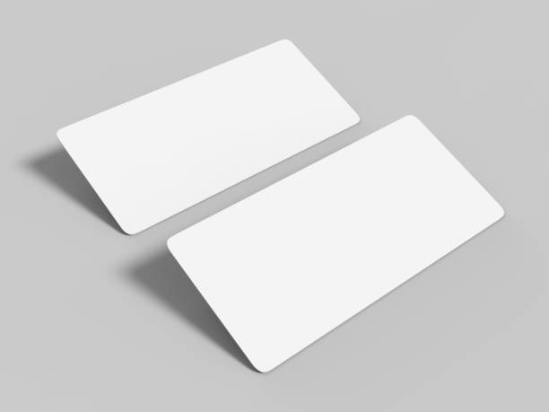 istock Mock up template blank white empty rounded corners gift voucher card on the grey background. For graphic design or presentation, 3D rendering illustration. 910148534