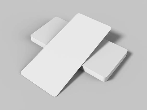 istock Mock up template blank white empty rounded corners gift voucher card bunch on the grey background. For graphic design or presentation, 3D rendering illustration. 910148648