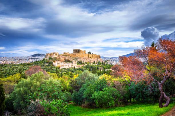 istock Acropolis with Parthenon. View through a frame with green plants, trees, ancient marbles and cityscape, Athens, Greece. 910148964
