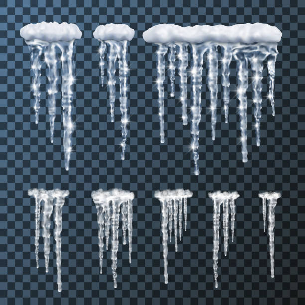 Icicles set, snow caps, winter decor elements. Icicles set, snow caps, winter decor elements. Realistic vector illustration isolated on transparent background icicles melting stock illustrations