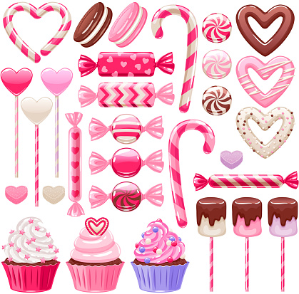 Valentine's day sweets set - marshmallow, hard candy, dragee, cake pop, jelly, peppermint candy, chocolate cookies, cupcakes vector illustration