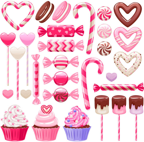 Valentine's day sweets set. Assorted candies Valentine's day sweets set - marshmallow, hard candy, dragee, cake pop, jelly, peppermint candy, chocolate cookies, cupcakes vector illustration hard candy stock illustrations