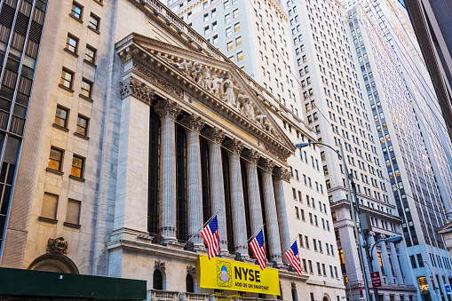 New York, USA, november 2016: facade of the New York Stock Exchange building in lower Manhattan, New York
