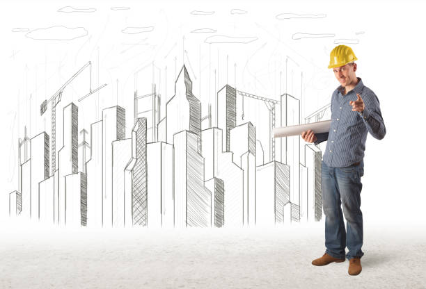 istock Engineer man with building city drawing in background 910158786