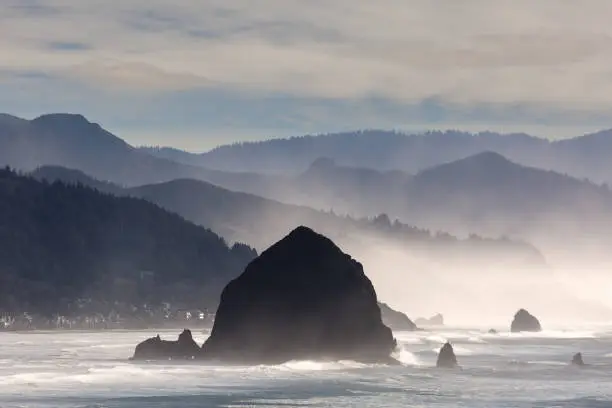 Photo of Haystack Rock in Cannon Beach along Oregon Coast in the Pacific Ocean