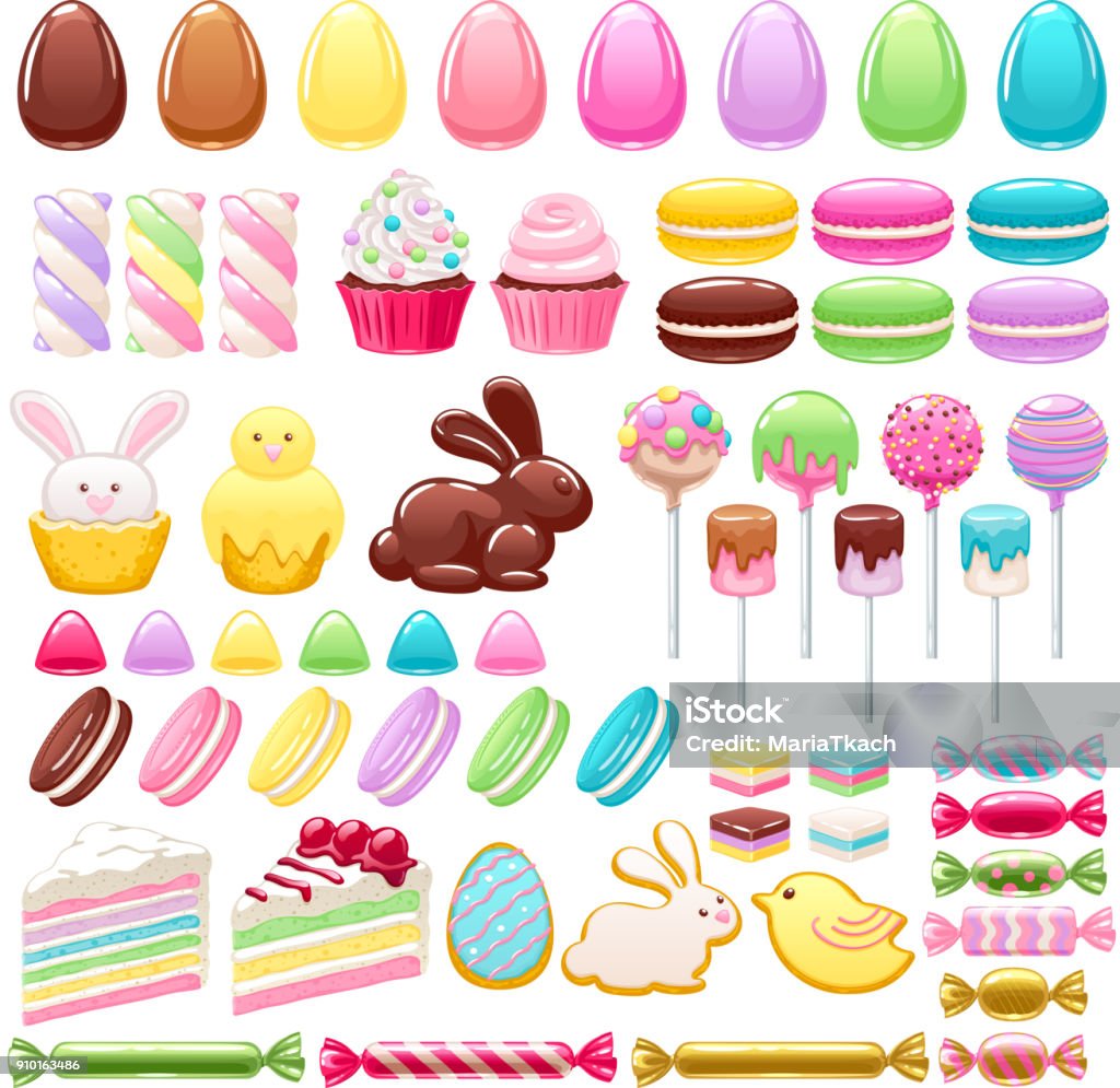 Colorful easter icons set vector illustration Colorful easter sweets icons set vector illustration - colorful eggs, chocolate bunny, macarons, cookies, cakes, cupcakes, marshmallow, candies Candy stock vector