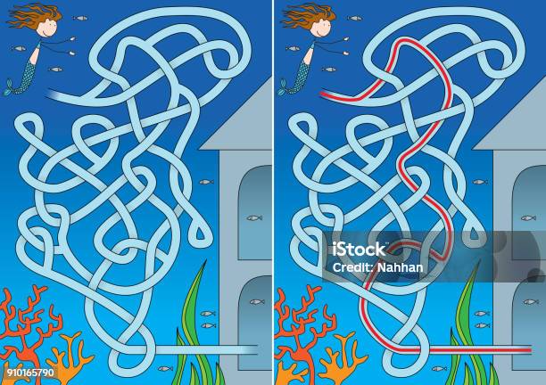 Mermaid Maze Stock Illustration - Download Image Now - Cartoon, Castle, Composition