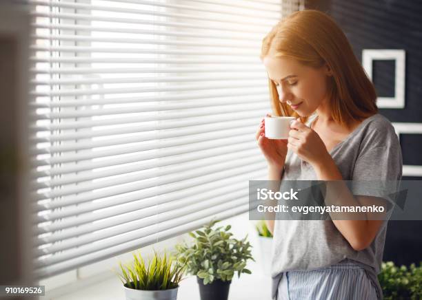 Glückliche Junge Frau Trifft Morgen Mit Kaffee Am Fenster Stockfoto und mehr Bilder von Kaffee - Getränk