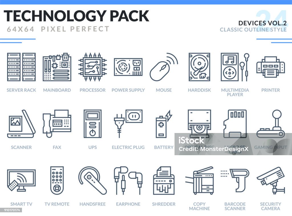 Devices Icons Set. Technology outline icons pack. Pixel perfect thin line vector icons for web design and website application. Icon Symbol stock vector