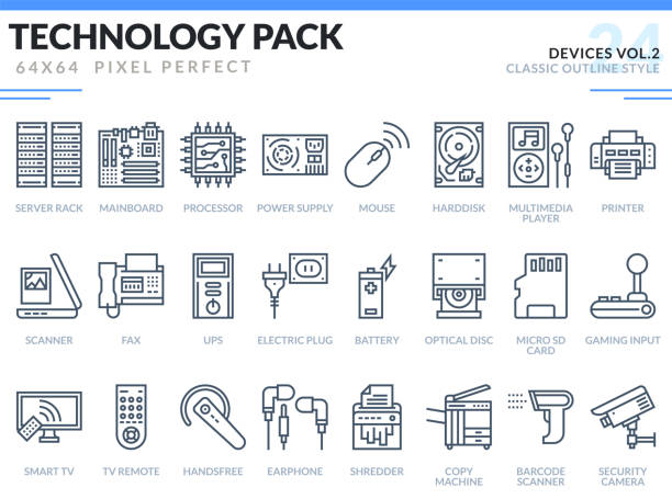Devices Icons Set. Technology outline icons pack. Pixel perfect thin line vector icons for web design and website application. Devices Icons Set. Technology outline icons pack. Pixel perfect thin line vector icons for web design and website application. ups power supply stock illustrations
