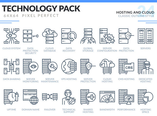 호스팅 및 클라우드 아이콘을 설정 기술 개요 아이콘 팩입니다. 웹 디자인 및 웹 사이트 응용 프로그램에 대 한 픽셀 완벽 한 얇은 선 벡터 아이콘. - uptime stock illustrations
