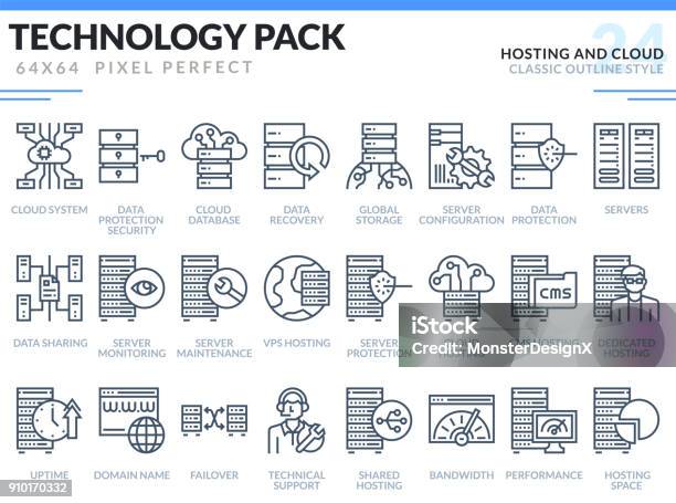 Hosting And Cloud Icons Set Technology Outline Icons Pack Pixel Perfect Thin Line Vector Icons For Web Design And Website Application Stock Illustration - Download Image Now