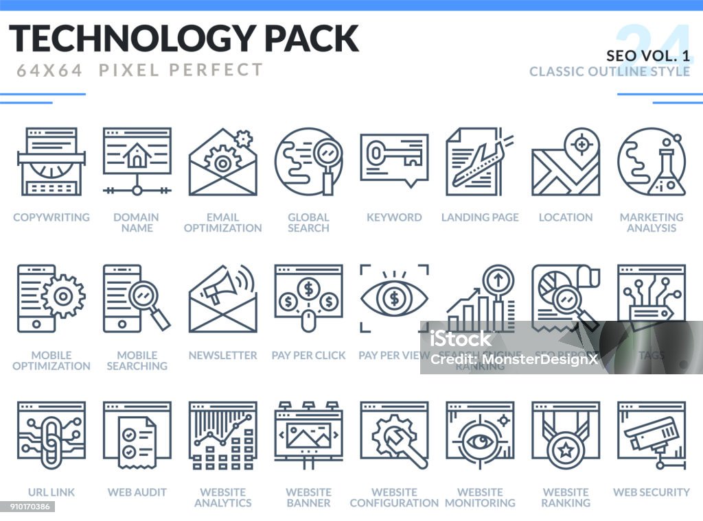 SEO Icons Set. Technology outline icons pack. Pixel perfect thin line vector icons for web design and website application. Icon Symbol stock vector