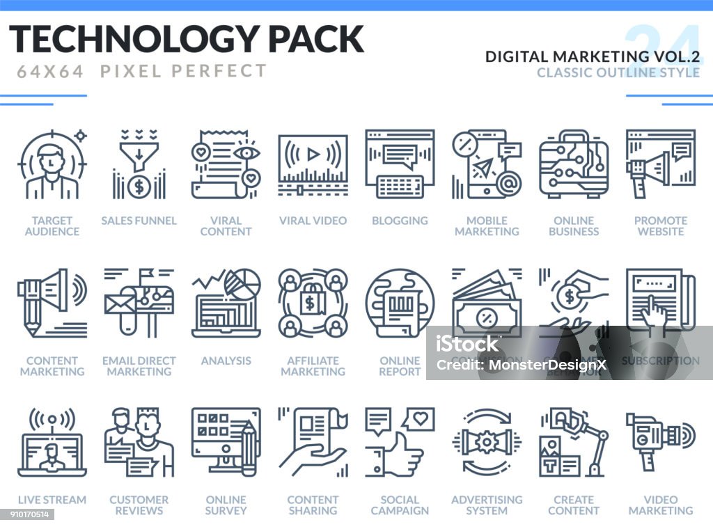 Digital Marketing Icons Set. Technology outline icons pack. Pixel perfect thin line vector icons for web design and website application. Icon Symbol stock vector
