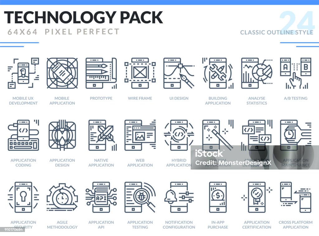 Mobile Application Development Icons Set. Technology outline icons pack. Pixel perfect thin line vector icons for web design and website application. Icon Symbol stock vector