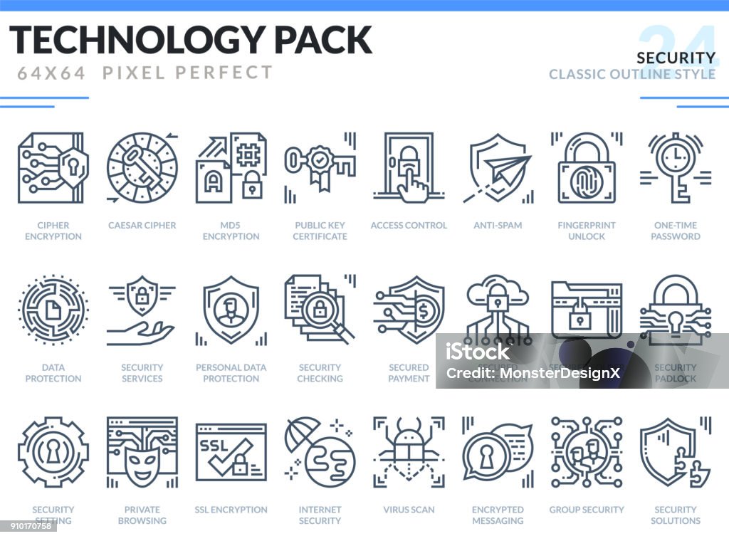 セキュリティのアイコンを設定します。技術概要アイコン パック。Web デザインとウェブサイトのアプリケーションのピクセルの完璧な細い線のベクトルのアイコン。 - アイコンのロイヤリティフリーベクトルアート