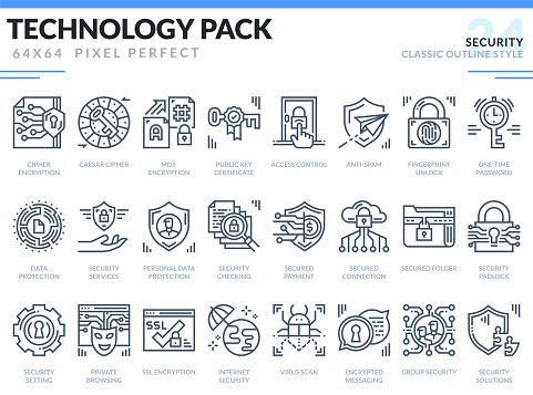 Security Icons Set. Technology outline icons pack. Pixel perfect thin line vector icons for web design and website application.